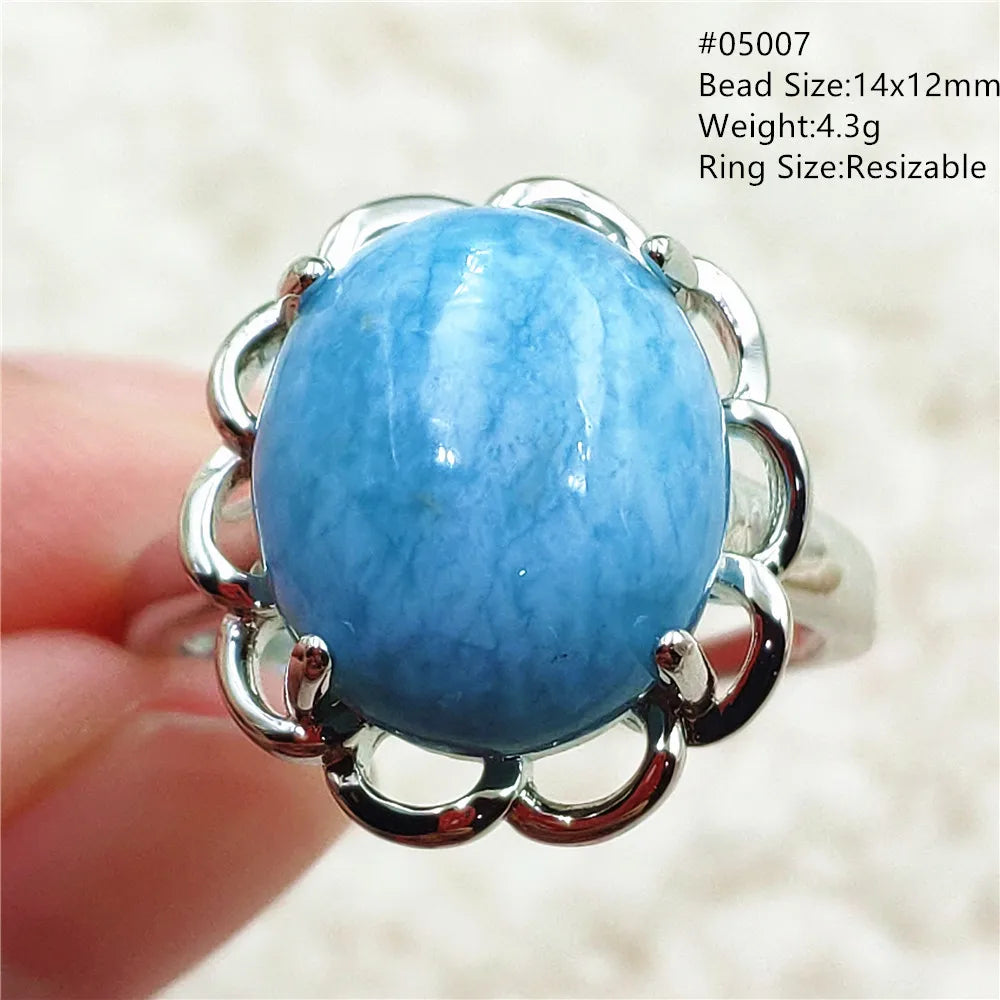 Natural Blue Larimar Gemstone Adjustable Ring Oval 925 Sterling Silver Dominica Women Water Pattern Larimar Ring AAAAAA