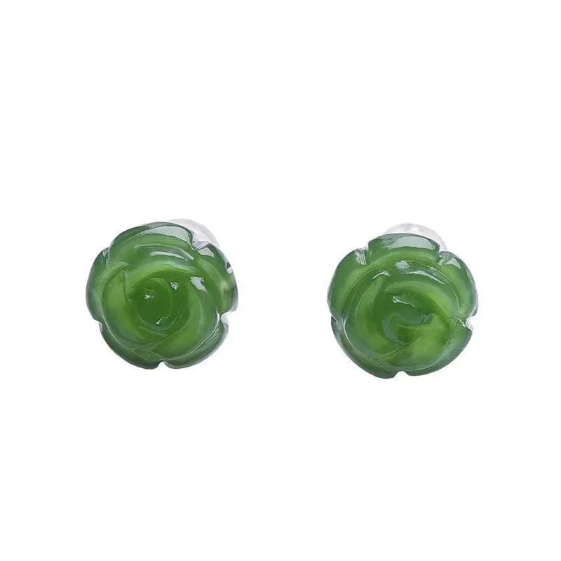 Pendientes de plata 925 con forma de rosa de jade verde natural, abalorios, joyería, accesorios de moda, amuleto tallado a mano para hombre y mujer, regalos