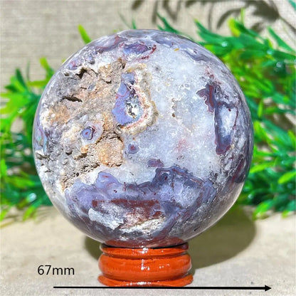 Esfera de Ágata de Flor Roxa Bola de Cristal Natural Drusa Mineral Pedras Preciosas Minerais Ornamentos Espirituais Decoração para Casa + Suporte