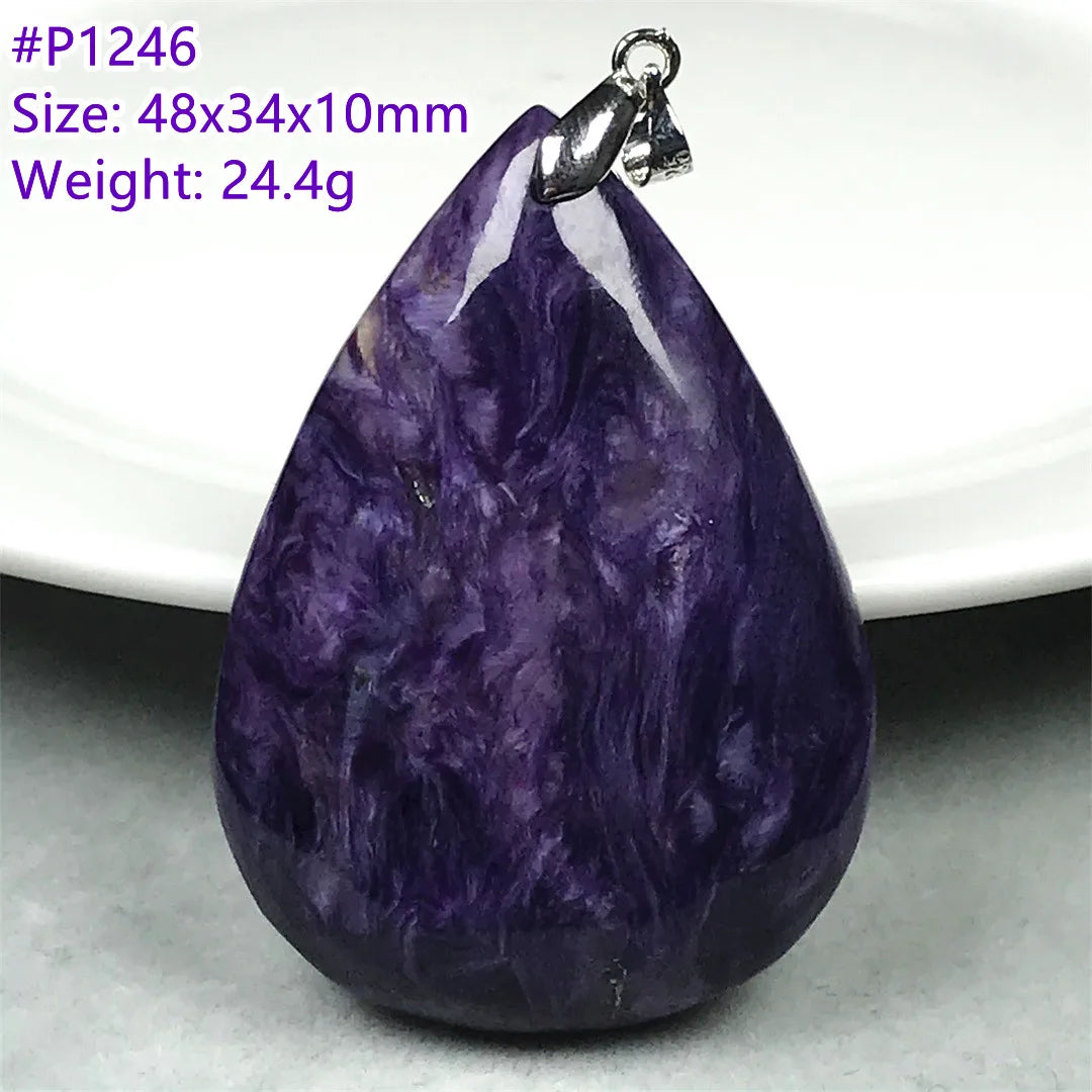 Colgante de collar de charoita morada natural de primera calidad, joyería para mujeres, hombres, regalo de suerte, cuentas de plata de cristal de belleza, piedra rusa AAAAA