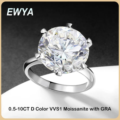 EWYA GRA Certified 0.5-10CT D Color Moissanite Solitaire Engagement Rings for Women Silver 925 Wedding Bridal Big Diamond Band