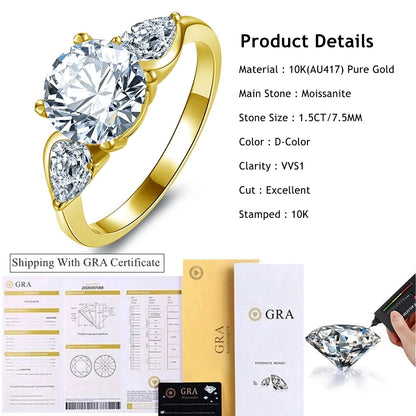 Lnngy Exquisite 7.5mm 1.5CT  Moissanite Rings Certified 10K Pure Gold Three Stone Engagement Ring For Women Lab Diamond Jewelry