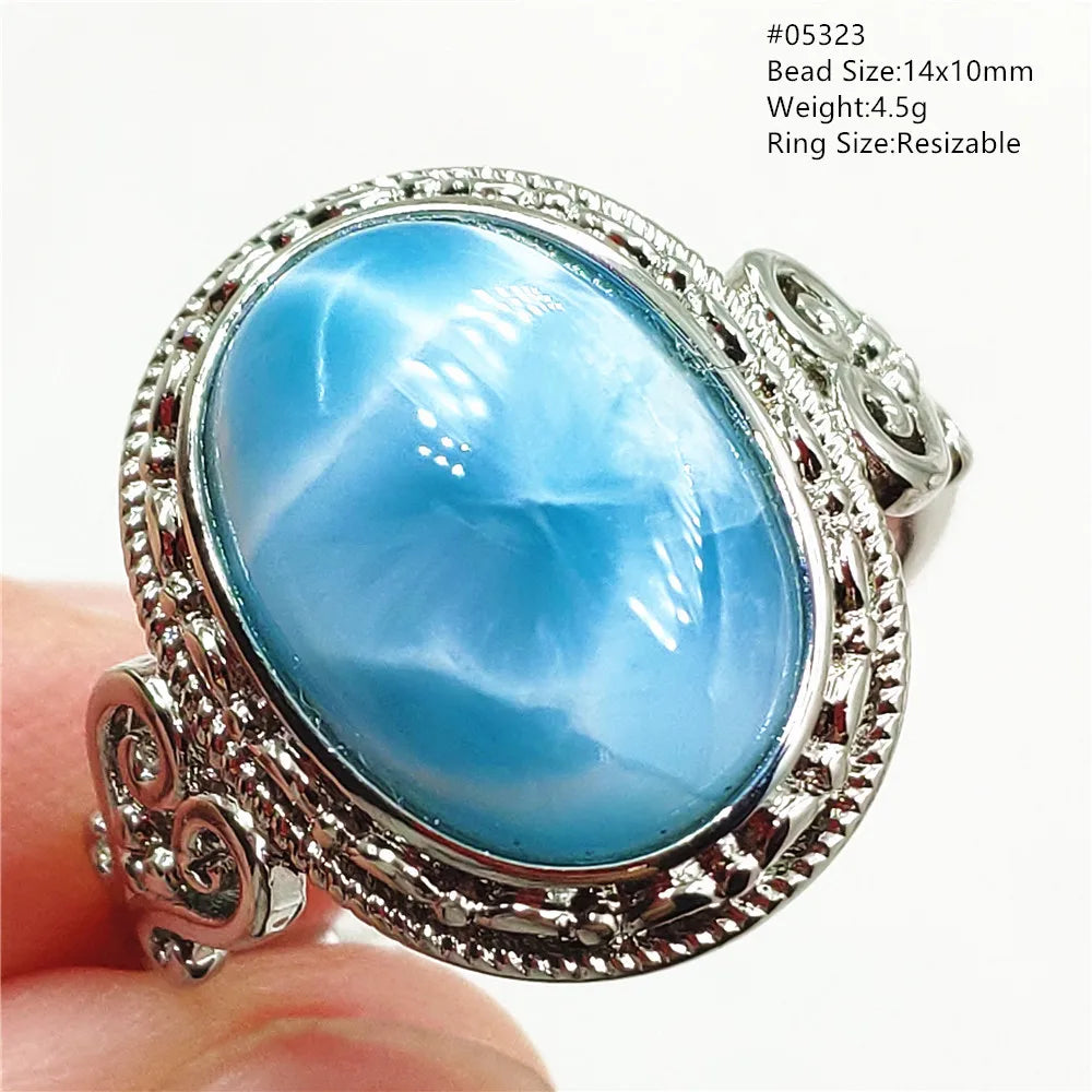 Natural Blue Larimar Gemstone Adjustable Ring Oval 925 Sterling Silver Dominica Women Water Pattern Larimar Ring AAAAAA