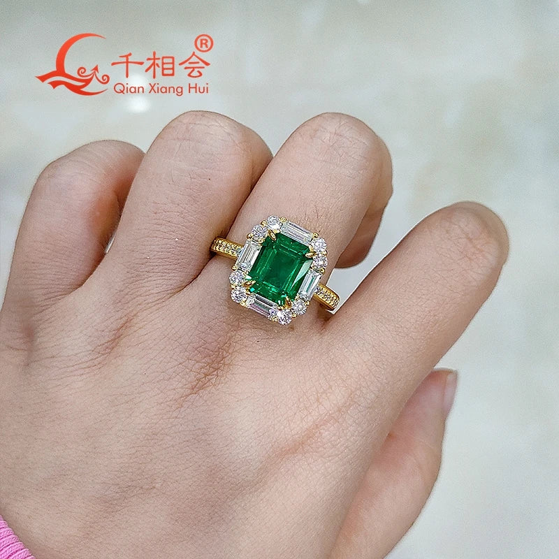 8*10MM green emerald   925 silver yellow gold plated emerald ring with whtie moissanite Wedding Engagement Party Gifts