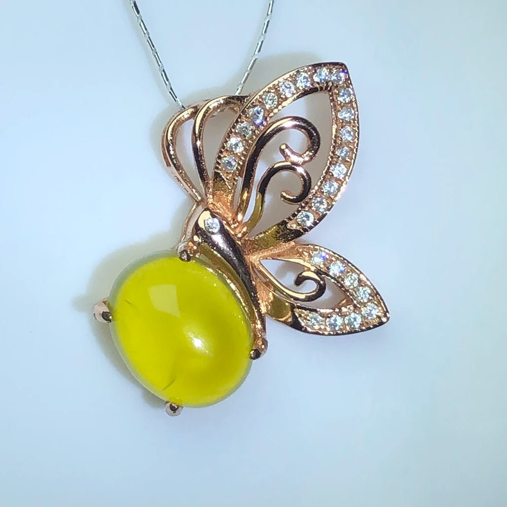 Natural prehnite silver pendant, oval 8mm*10mm, yellow and light color,  romantic gift for girls, beautiful butterfly