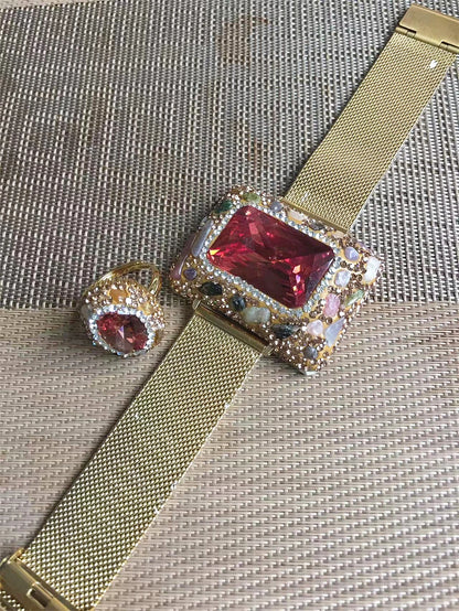 Conjuntos de brazaletes y anillos de cristal de sultanita que cambian de color para mujer, correa de reloj de acero inoxidable, pulsera de cadena, joyería de cuarzo de zultanita