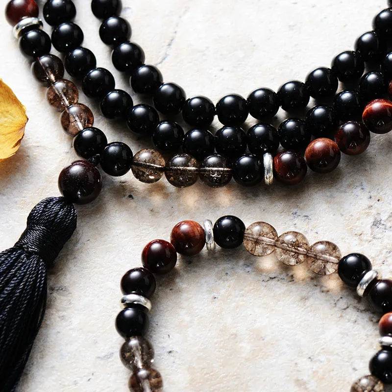 108 Beads Malas 8MM Tiger Eye Onyx Healing Crystal Tassel Spiritual Meditation Yoga Necklace Bracelet Jewelry Set