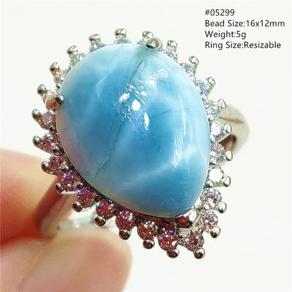 Natural Blue Larimar Gemstone Adjustable Ring Oval 925 Sterling Silver Dominica Women Water Pattern Larimar Ring AAAAAA