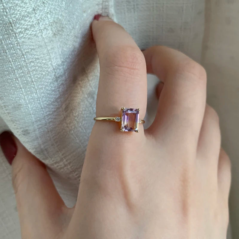 LAOOM Natural Ametrine Ring For Women Vintage Gemstone Rings Square Amethyst  925 Sterling Silver Gold Plated Fine Jewelry RI191