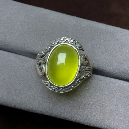 Natural yellow prehnite 925 sterling silver rings for women and man, Oval stone,Bone pattern statement jewelry