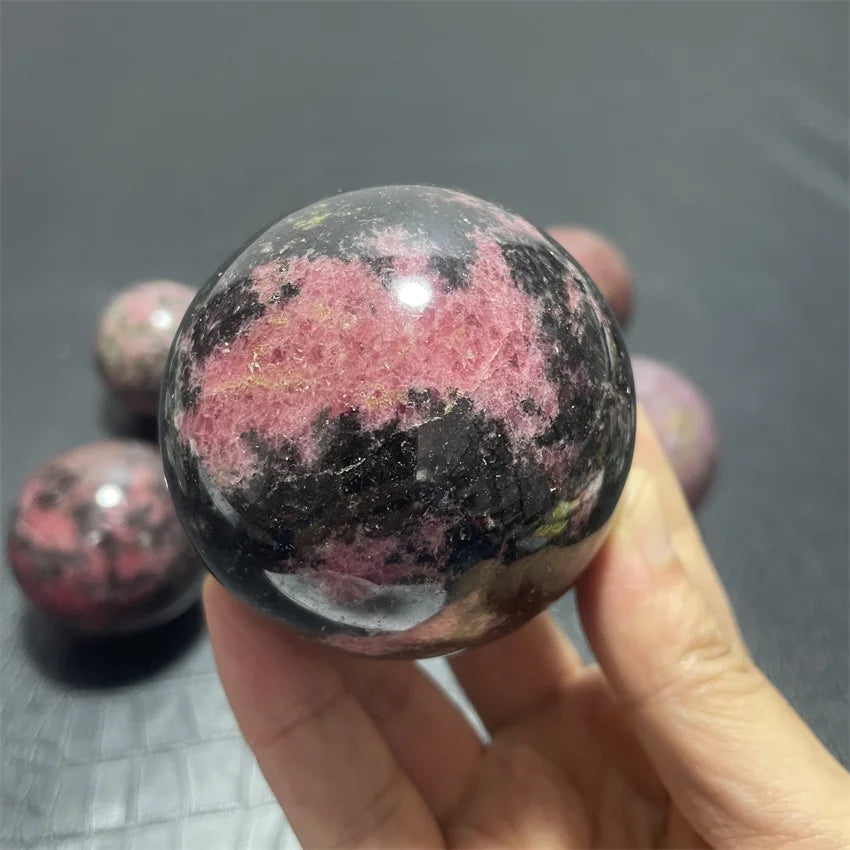 Natural Rhodochrosite Balls Sphere with Wood Base Plum Blossom Tourmaline Magic Crystals Stress Relief Feng Shui