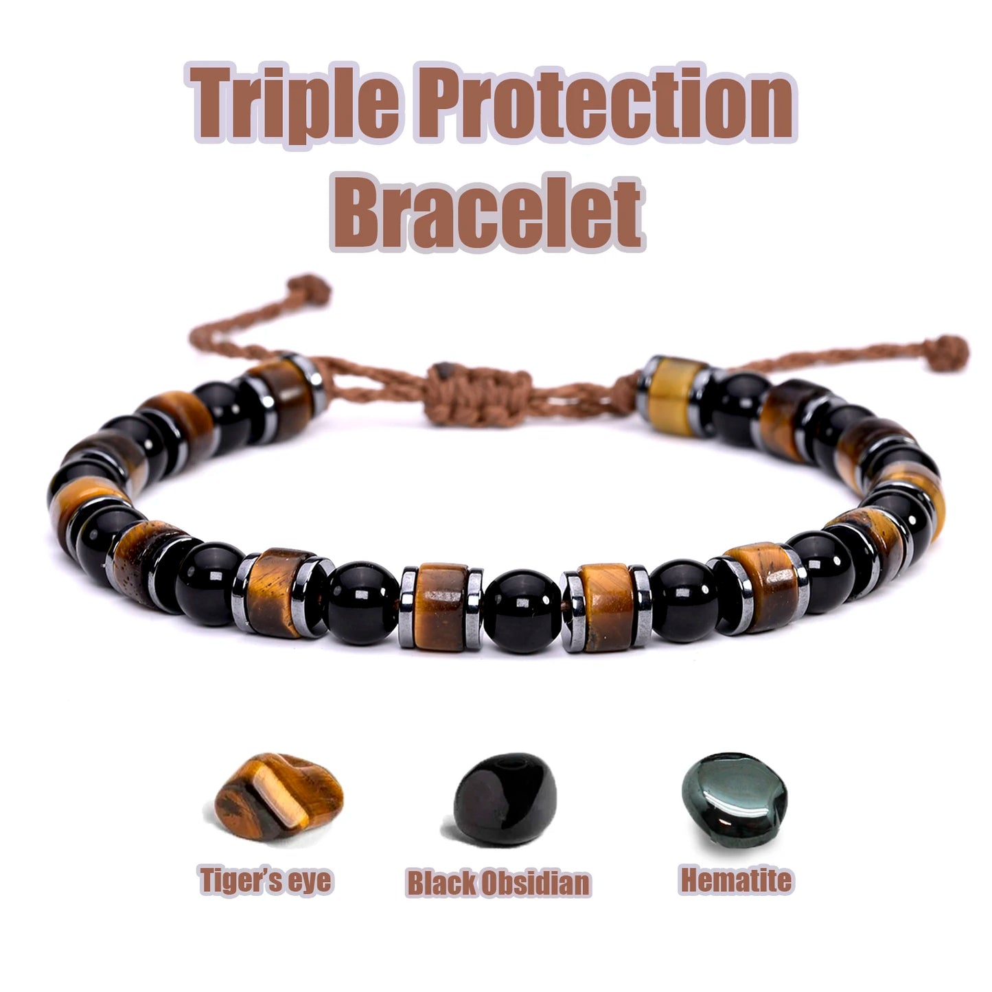 Triple Protection Bracelet Tiger eye Obsidian Hematite 6mm Beads Braided Brown Wax Rope Waterproofing Luck Crystals for Women