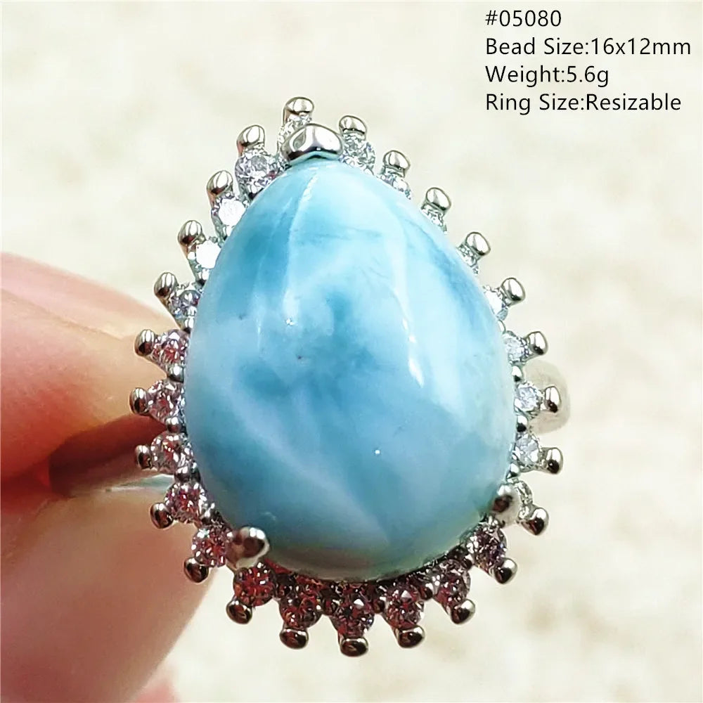 Natural Blue Larimar Gemstone Adjustable Ring Oval 925 Sterling Silver Dominica Women Water Pattern Larimar Ring AAAAAA