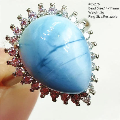 Natural Blue Larimar Gemstone Adjustable Ring Oval 925 Sterling Silver Dominica Women Water Pattern Larimar Ring AAAAAA