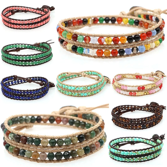 Bohemian Wrap Beads Bracelet For Women Men Natural Stone Turquoise 2 Strands Multilayer Leather Rope Woven Yoga Bangles Jewelry