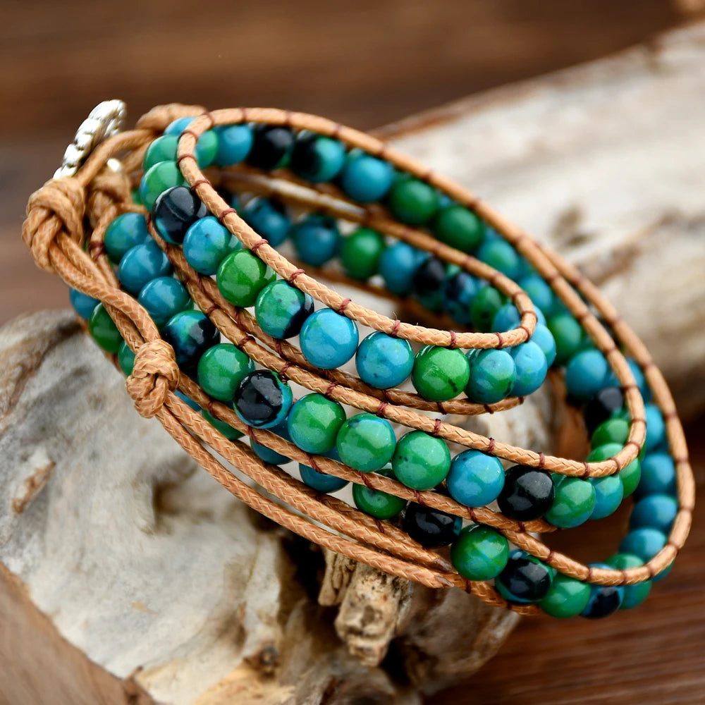 Natural Stone Leather Wrap Bracelet Women Fashion Green Chrysocolla Beaded 3-layers Adjustable Bohemian Long Bracelets