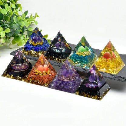 Natural Crystal Energy Generator Pyramid Peridot Amethyst Reiki Healing Crystal Chakra Resin Pyramid Meditation Tool Room Decor