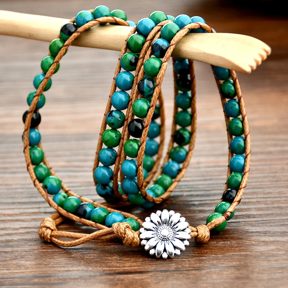 Natural Stone Leather Wrap Bracelet Women Fashion Green Chrysocolla Beaded 3-layers Adjustable Bohemian Long Bracelets