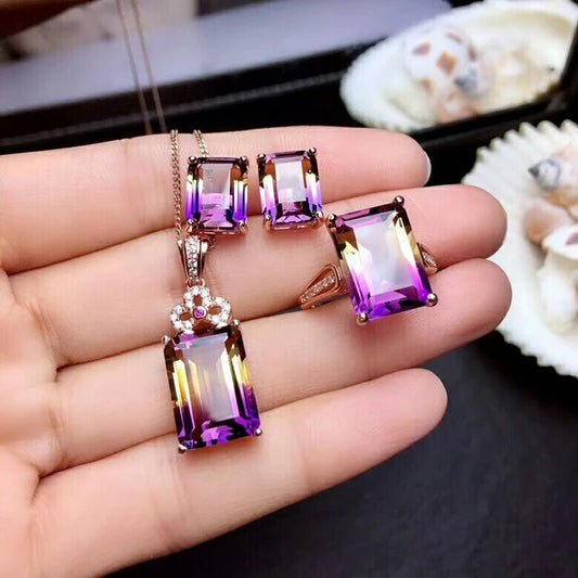 MeiBaPJ Natural Ametrine 925 Sterling Silver Necklace Earrings and Rings Jewelry Set for Women Wedding Party Fine Jewelry