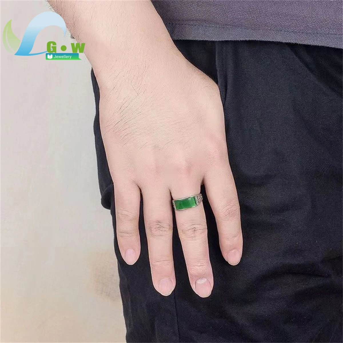 Domineering Chrysoprase Men's Ring Hetian Jade Jasper Set Spinach Green Versatile Charm Jewelry Fashion Retro Personality Gift