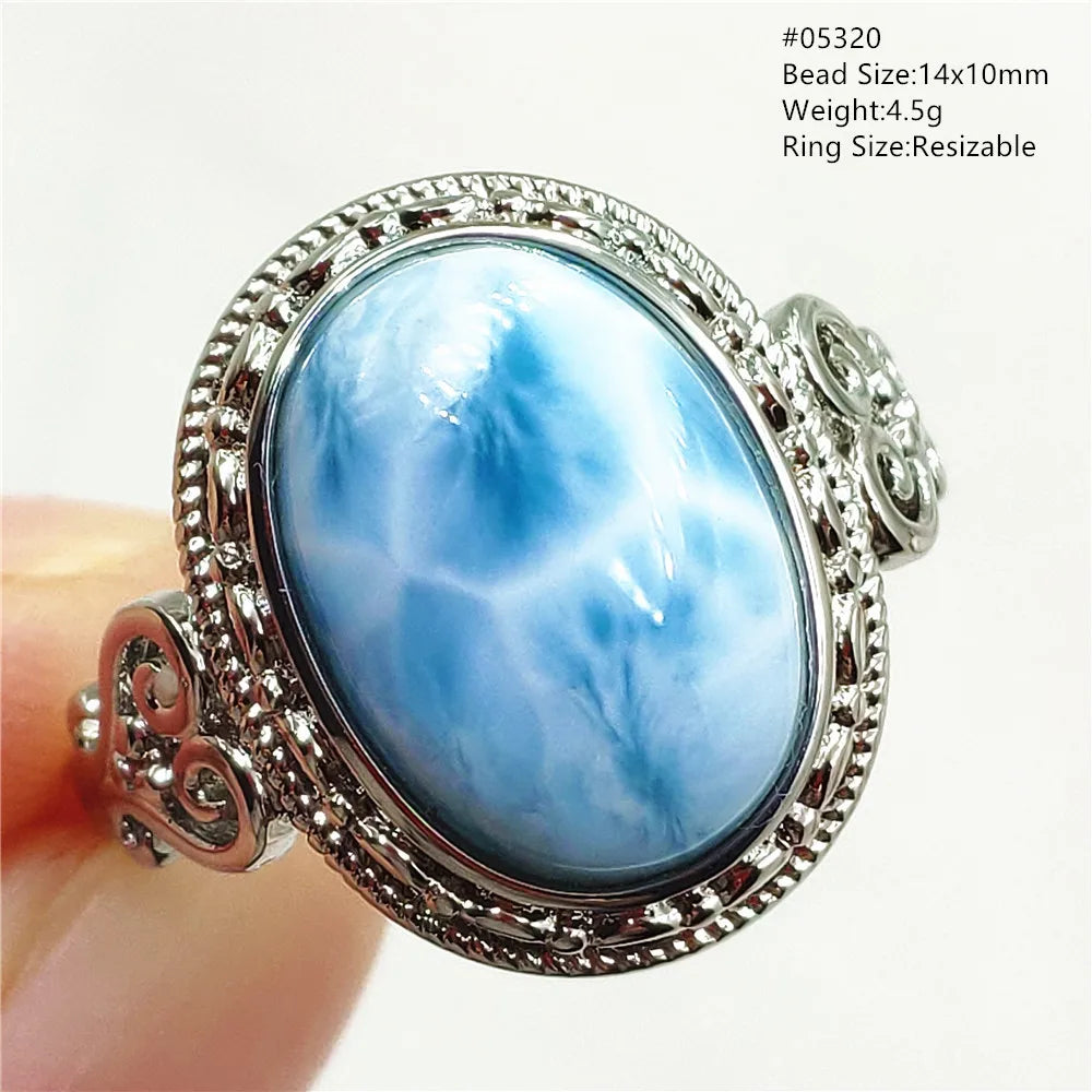 Natural Blue Larimar Gemstone Adjustable Ring Oval 925 Sterling Silver Dominica Women Water Pattern Larimar Ring AAAAAA