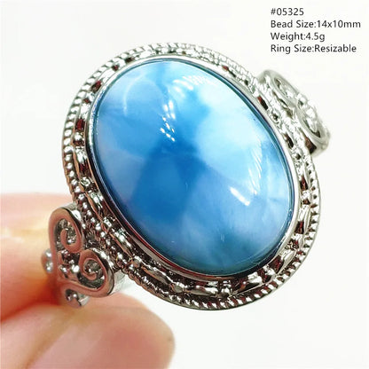 Natural Blue Larimar Gemstone Adjustable Ring Oval 925 Sterling Silver Dominica Women Water Pattern Larimar Ring AAAAAA