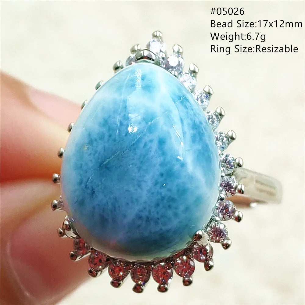 Natural Blue Larimar Gemstone Adjustable Ring Oval 925 Sterling Silver Dominica Women Water Pattern Larimar Ring AAAAAA