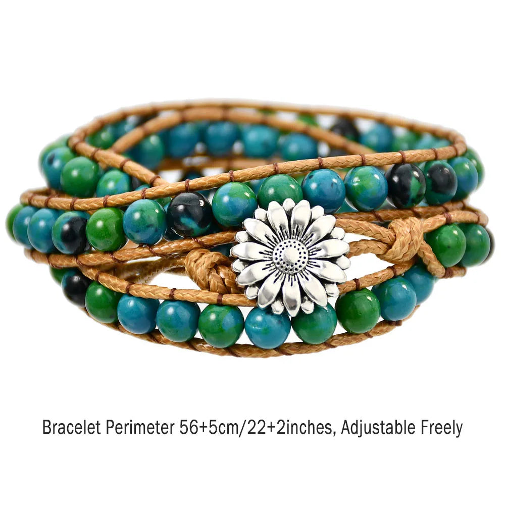 Natural Stone Leather Wrap Bracelet Women Fashion Green Chrysocolla Beaded 3-layers Adjustable Bohemian Long Bracelets