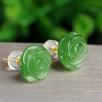 Pendientes de plata 925 con forma de rosa de jade verde natural, abalorios, joyería, accesorios de moda, amuleto tallado a mano para hombre y mujer, regalos