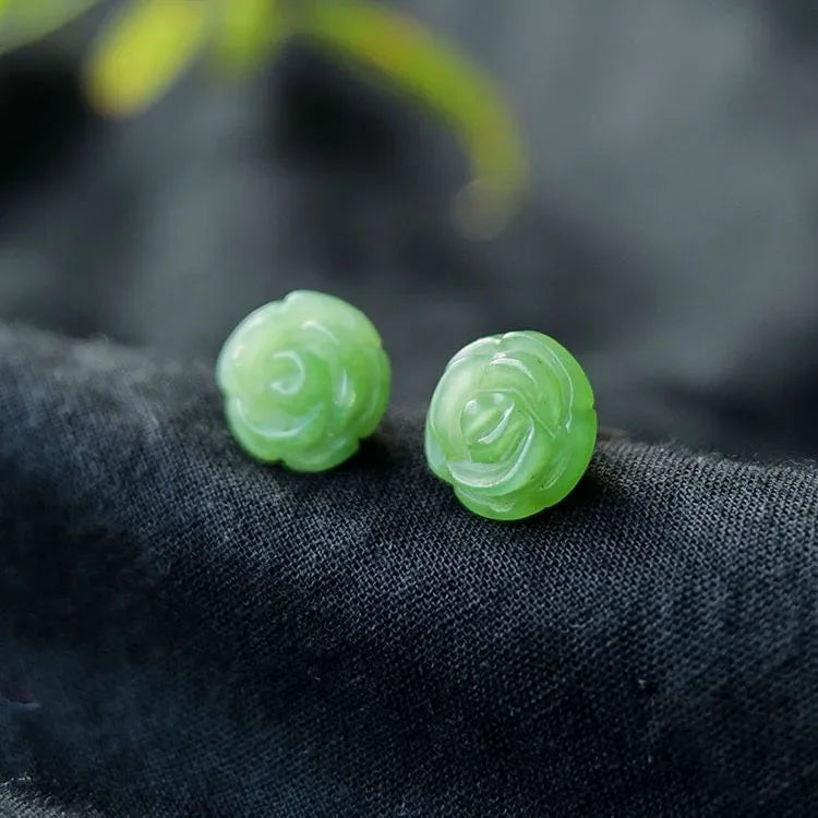 Pendientes de plata 925 con forma de rosa de jade verde natural, abalorios, joyería, accesorios de moda, amuleto tallado a mano para hombre y mujer, regalos