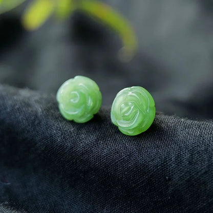 Pendientes de plata 925 con forma de rosa de jade verde natural, abalorios, joyería, accesorios de moda, amuleto tallado a mano para hombre y mujer, regalos