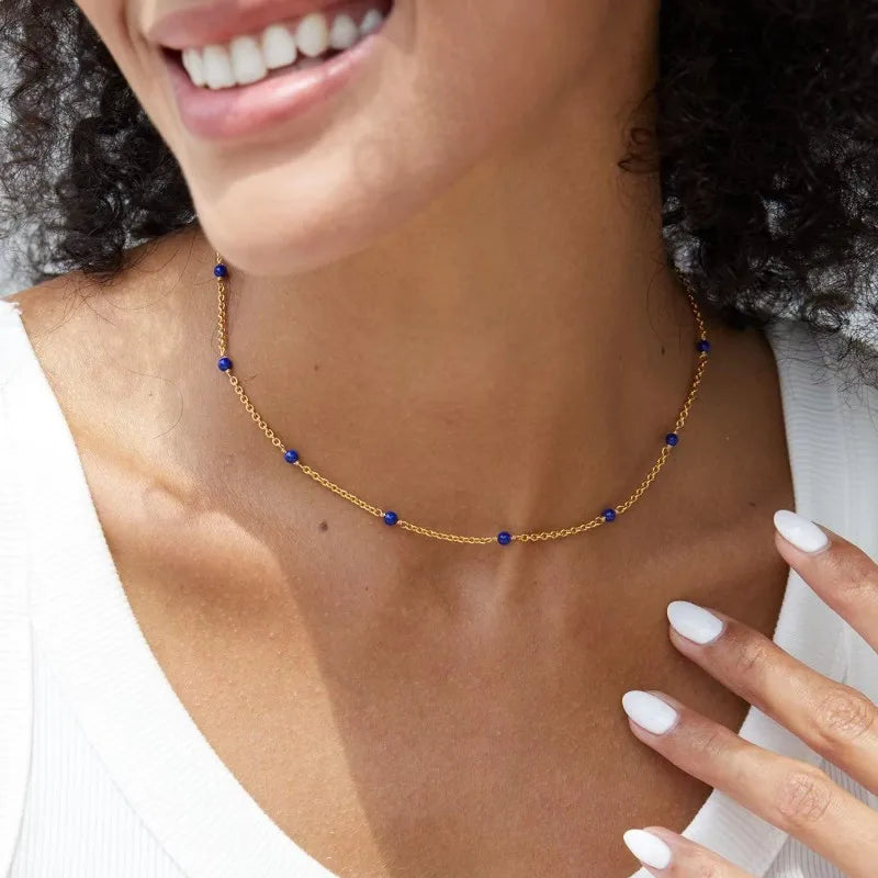 Sterling Silver Spaced Natural Lapis Lazuli Chain Necklace For Women Blue Stone Simple Chic Necklaces For Stack Multipurpose