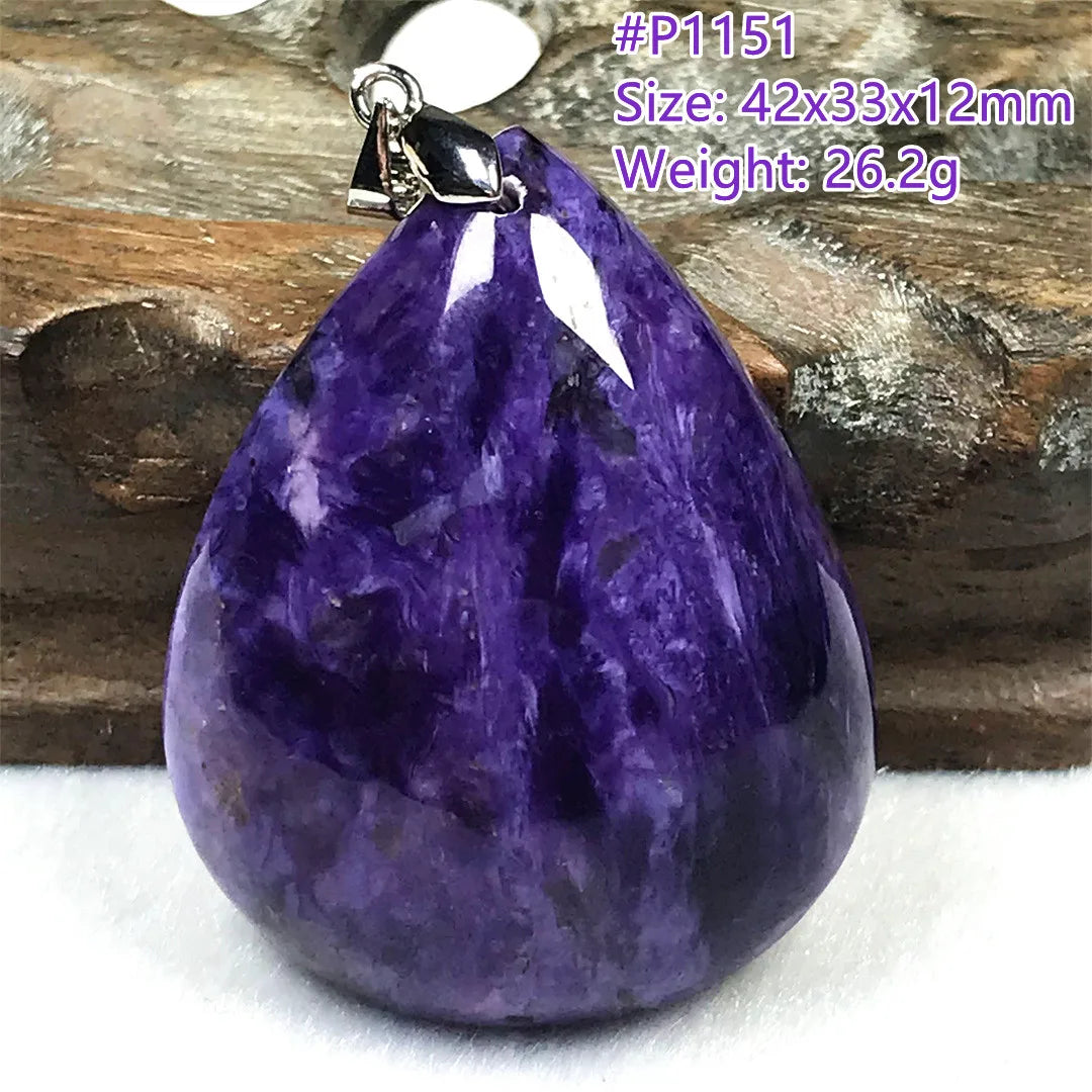 Colgante de collar de charoita morada natural de primera calidad, joyería para mujeres, hombres, regalo de suerte, cuentas de plata de cristal de belleza, piedra rusa AAAAA