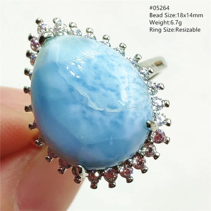 Natural Blue Larimar Gemstone Adjustable Ring Oval 925 Sterling Silver Dominica Women Water Pattern Larimar Ring AAAAAA