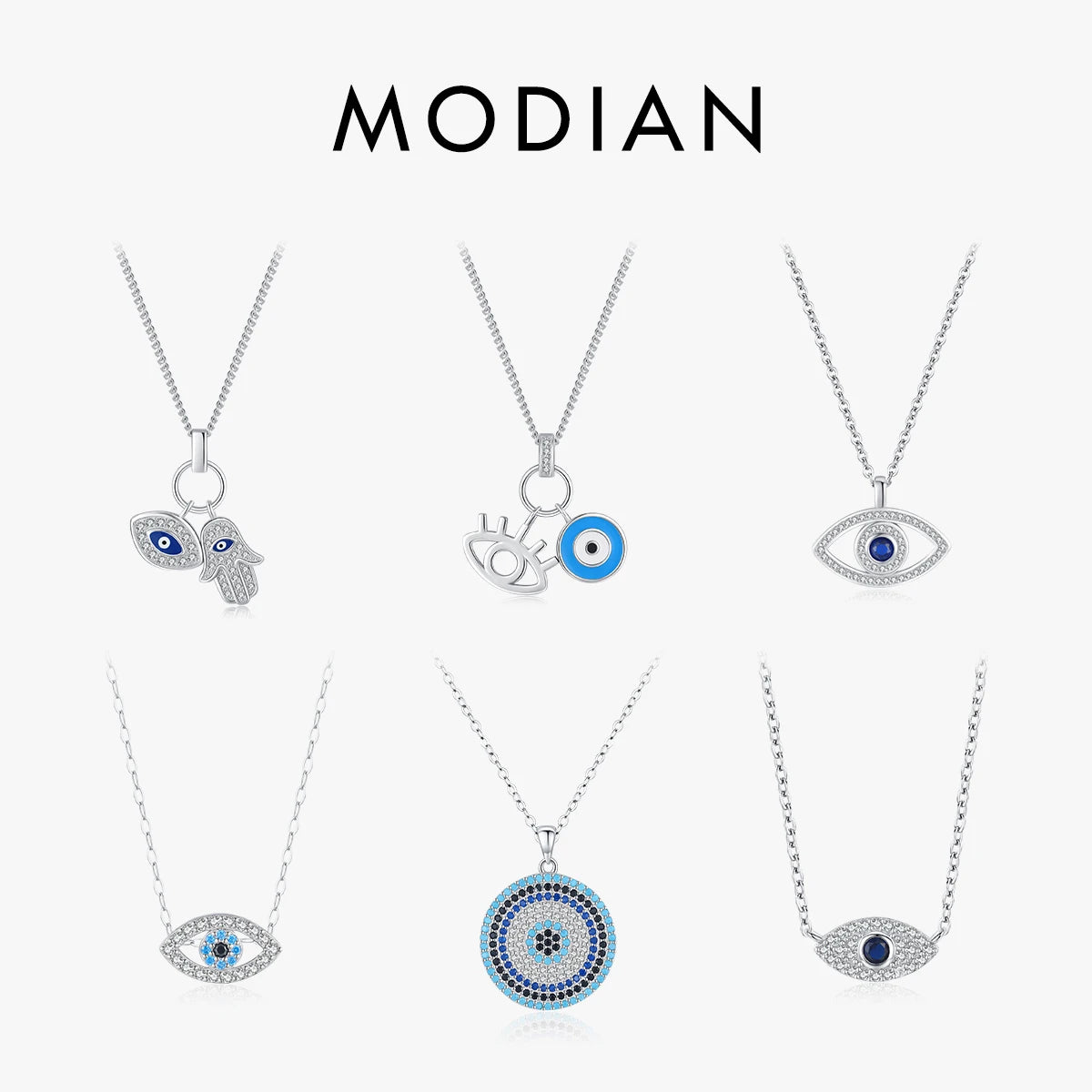 MODIAN 925 Sterling Silver Sexy Eyelash The Hand of Fatima Turquoise Pendant Lucky Blue Eye Necklace For Women Fine Jewelry Gift