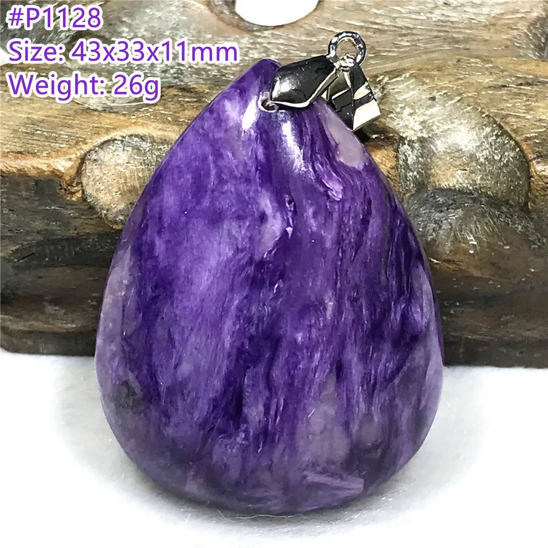 Colgante de collar de charoita morada natural de primera calidad, joyería para mujeres, hombres, regalo de suerte, cuentas de plata de cristal de belleza, piedra rusa AAAAA