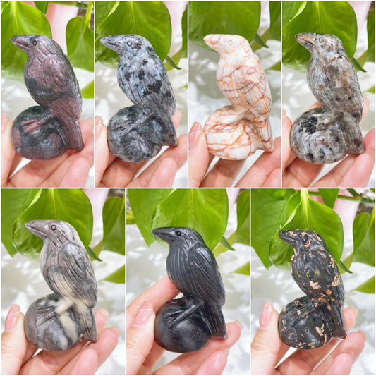 65mm Crystal Raven Statue Natural Obsidian Garnet Stone Reiki Gealing Carving Crow Animal Figurine Crafts Home Decoration Gift