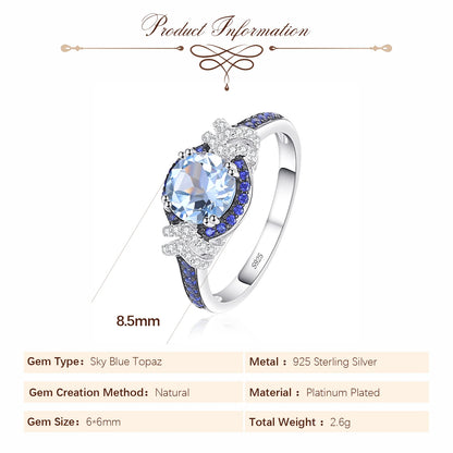 Potiy Cute Round Natural 1.5ct Sky Blue Topaz Halo Anel para Ela Anel de Coquetel 925 Prata Esterlina para Mulheres Pedras de Nascimento Diárias Gi