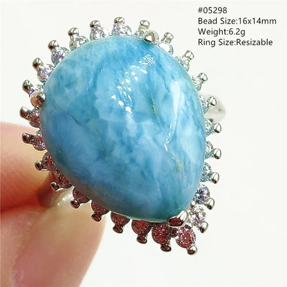 Natural Blue Larimar Gemstone Adjustable Ring Oval 925 Sterling Silver Dominica Women Water Pattern Larimar Ring AAAAAA