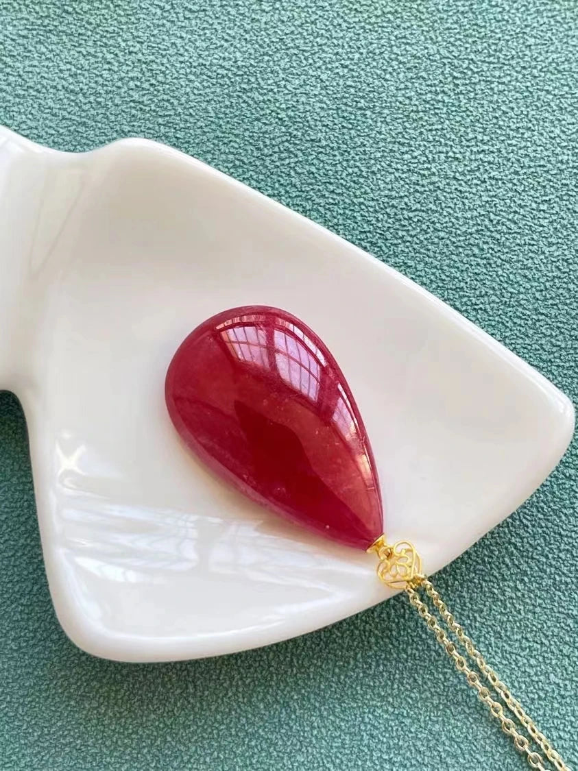 Natural Red Rhodonite Pendant Necklace Jewelry 31*18.8mm Women Men Water Drop 18K Gold Rose Rhodonite Fashion AAAAAA