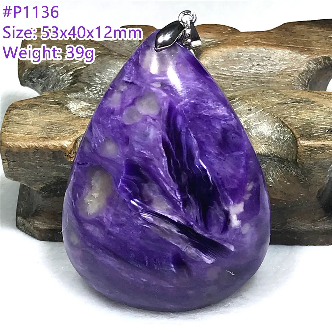 Colgante de collar de charoita morada natural de primera calidad, joyería para mujeres, hombres, regalo de suerte, cuentas de plata de cristal de belleza, piedra rusa AAAAA