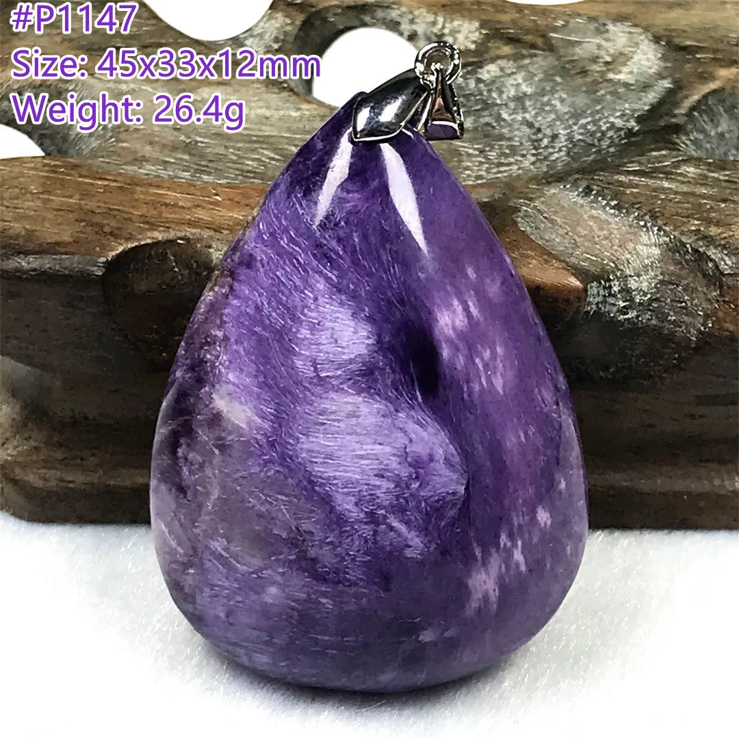 Colgante de collar de charoita morada natural de primera calidad, joyería para mujeres, hombres, regalo de suerte, cuentas de plata de cristal de belleza, piedra rusa AAAAA