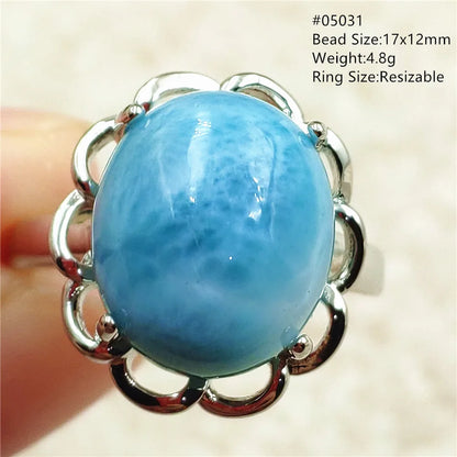 Natural Blue Larimar Gemstone Adjustable Ring Oval 925 Sterling Silver Dominica Women Water Pattern Larimar Ring AAAAAA