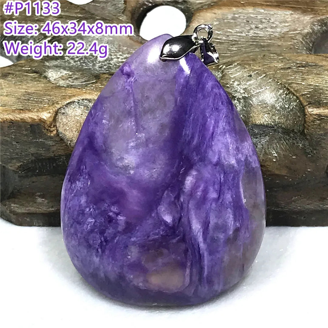 Colgante de collar de charoita morada natural de primera calidad, joyería para mujeres, hombres, regalo de suerte, cuentas de plata de cristal de belleza, piedra rusa AAAAA