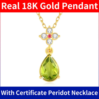 Szjinao 100% 18K Ouro Peridoto Colar 7*10mm Pedra Natural Lágrima K Ouro Pingente Jóias de Casamento Para Mulheres Com Certificado Novo