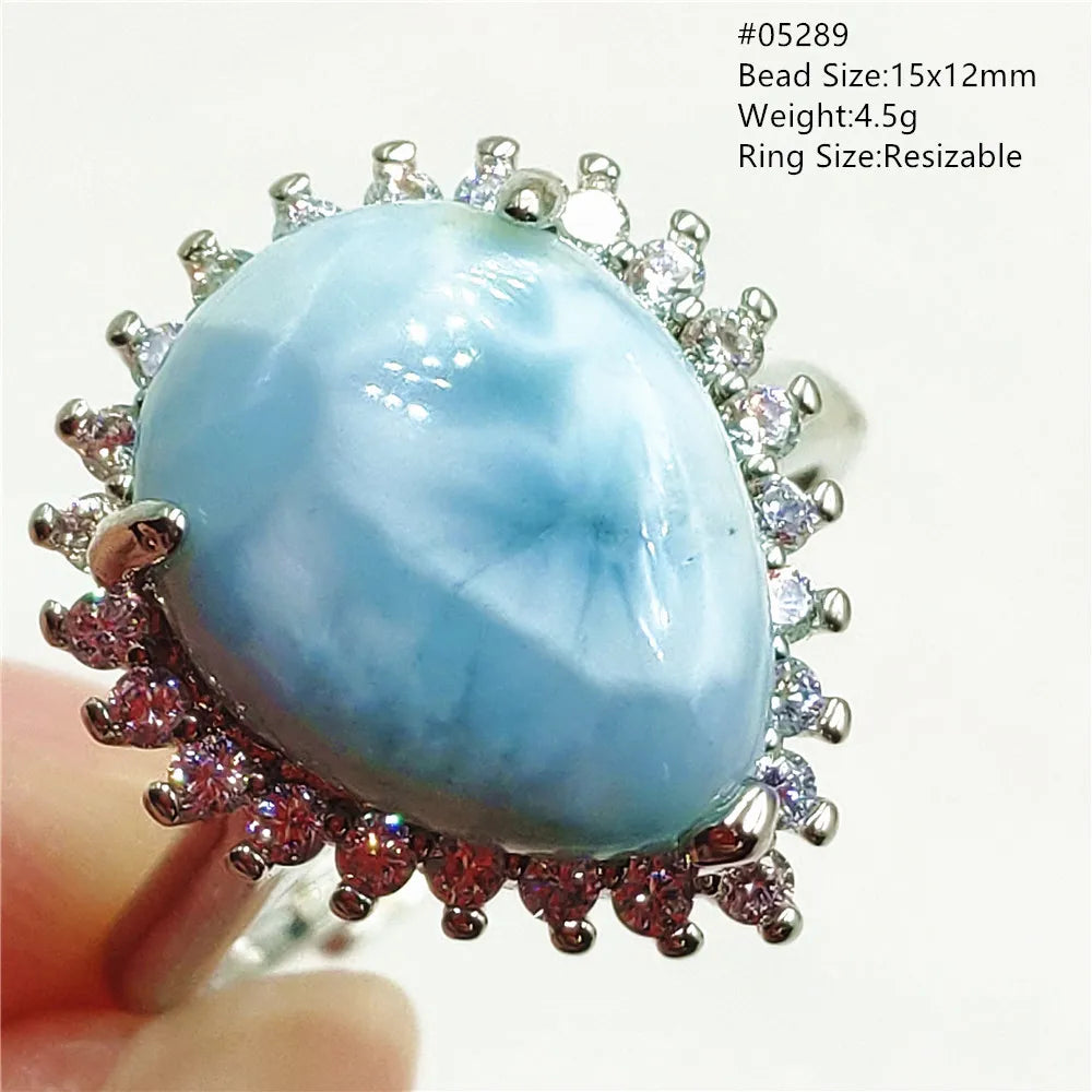 Natural Blue Larimar Gemstone Adjustable Ring Oval 925 Sterling Silver Dominica Women Water Pattern Larimar Ring AAAAAA