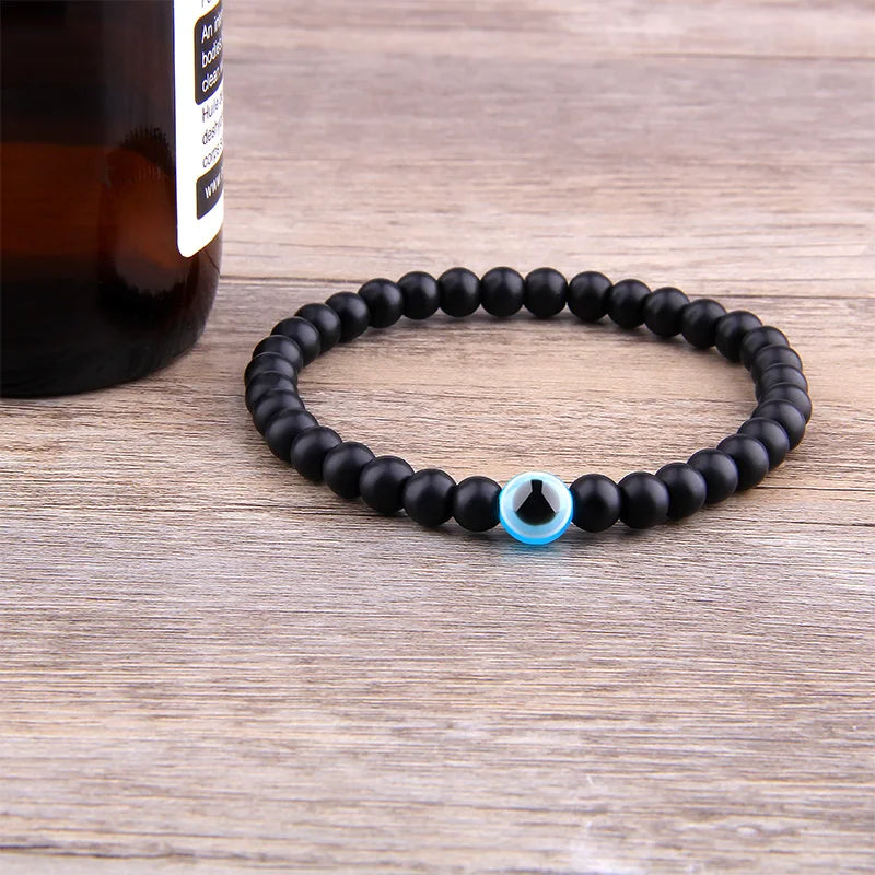 Blue Evil Eye Polished Black Onyx Bracelet Men Women 6mm Bead Obisidian Hematite Resin Jewelry Pink Reiki Healing Bulk Wholesale