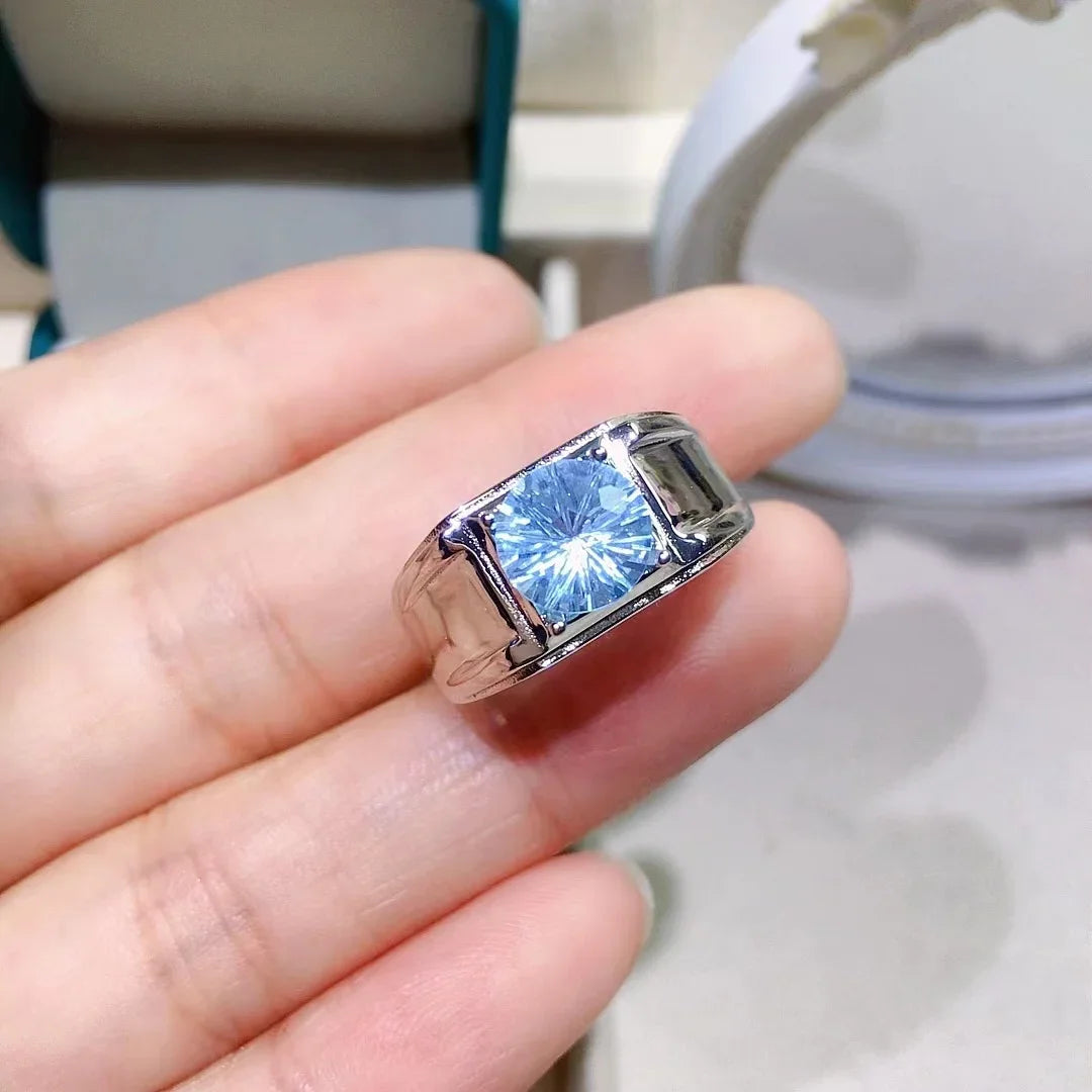 2ct Brilliant Light Blue Topaz Man Ring 8mm*8mm Natural Topaz Ring for Man 925 Silver Topaz Jewelry for Daily Wear