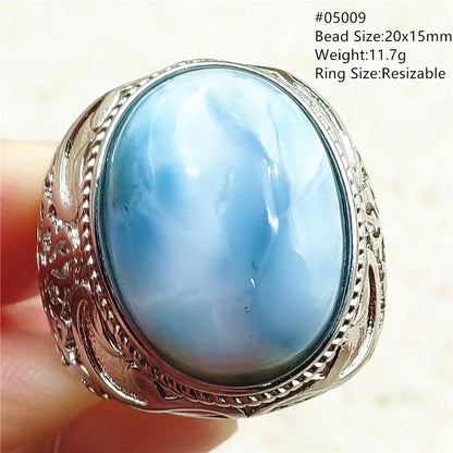 Natural Blue Larimar Gemstone Adjustable Ring Oval 925 Sterling Silver Dominica Women Water Pattern Larimar Ring AAAAAA