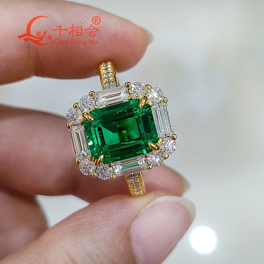 8*10MM green emerald   925 silver yellow gold plated emerald ring with whtie moissanite Wedding Engagement Party Gifts